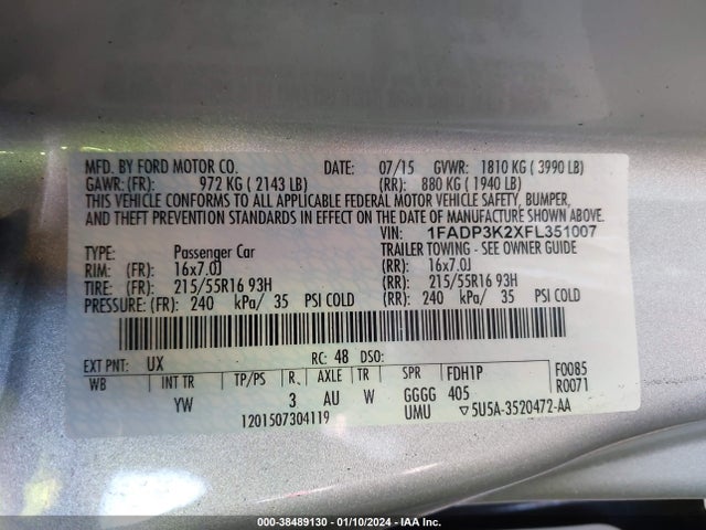 2015 FORD FOCUS SE VIN: 1FADP3K2XFL351007