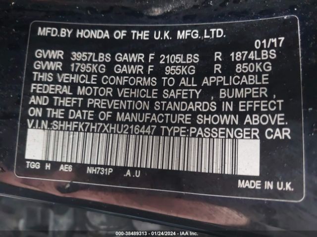 SHHFK7H7XHU216447 Honda Civic Ex-l