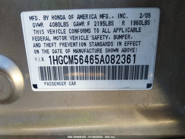 2005 HONDA ACCORD 2.4 LX VIN: 1HGCM56465A082361