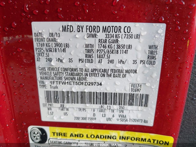 2013 FORD F-150 XLT VIN: 1FTFW1ET5DFD29734