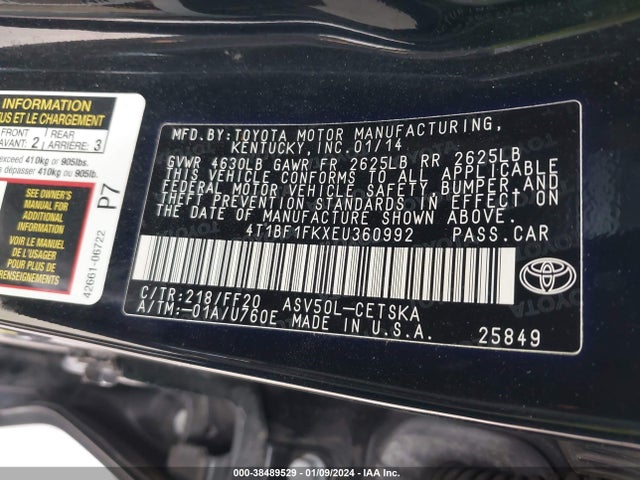 2014 TOYOTA CAMRY SE VIN: 4T1BF1FKXEU360992