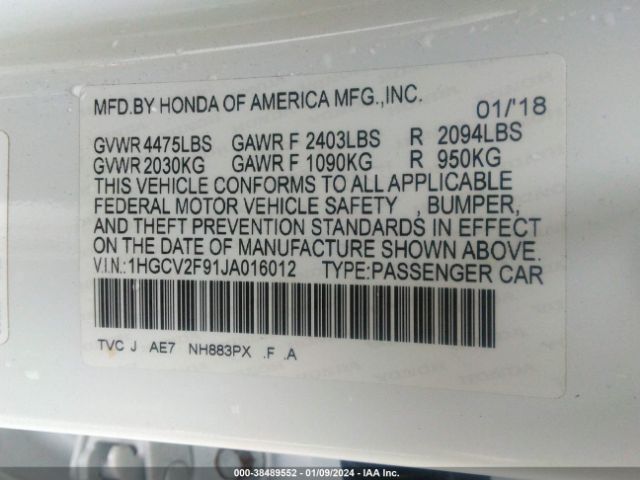 1HGCV2F91JA016012 Honda Accord Touring 2.0t