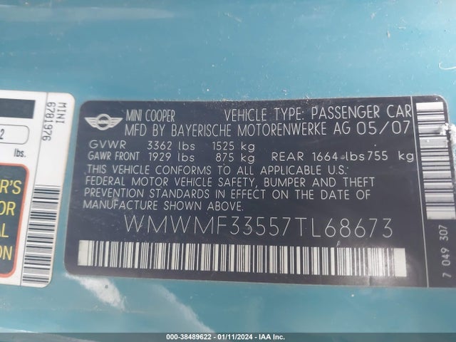 2007 MINI COOPER WMWMF33557TL68673 Photo 8