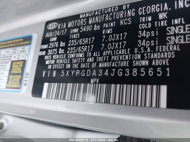5XYPGDA34JG385651 KIA Sorento 2.4l Lx