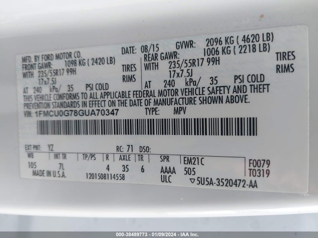 Ford ESCAPE SE 2016 1FMCU0G78GUA70347 Image 9