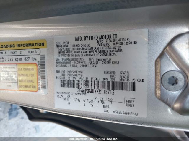 3FA6P0MUXKR118715 Ford Fusion Hybrid Sel