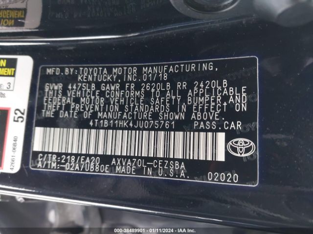 4T1B11HK4JU075761 Toyota CAMRY SE