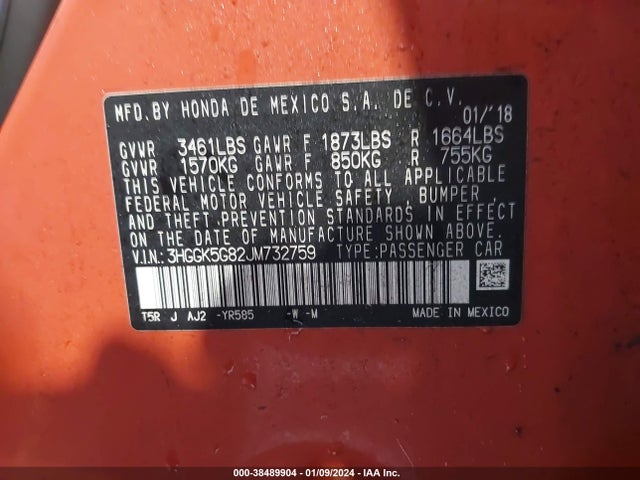 Honda FIT EX 2018 3HGGK5G82JM732759 Image 9