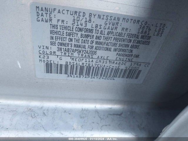 Nissan SENTRA SR 2019 3N1AB7AP5KY242006 Image 9