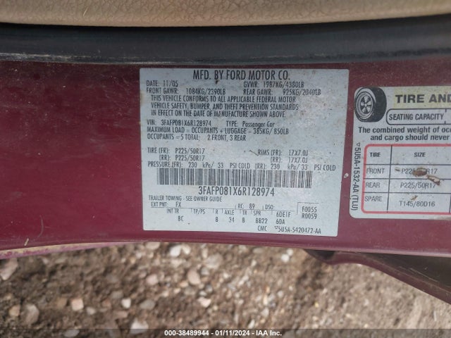 2006 FORD FUSION SEL VIN: 3FAFP081X6R128974