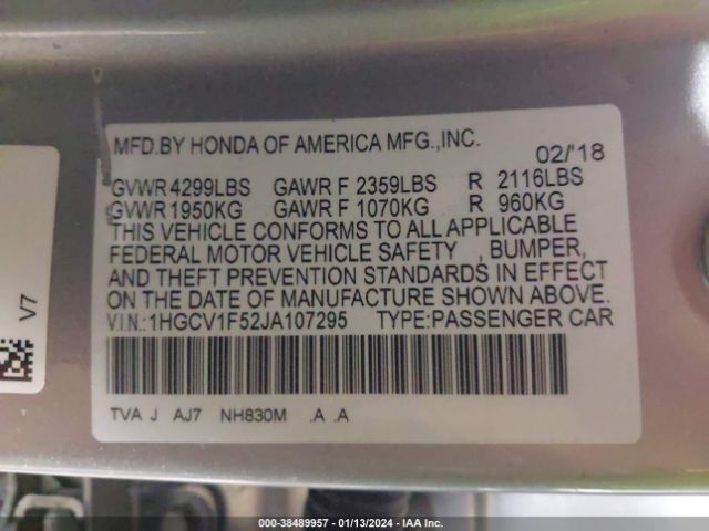 1HGCV1F52JA107295 Honda Accord Ex-l