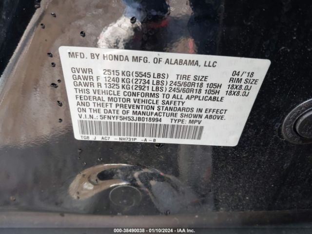 5FNYF5H53JB018994 Honda Pilot Ex-l