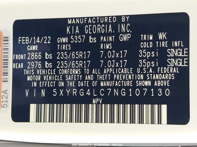 2022 KIA SORENTO LX VIN: 5XYRG4LC7NG107130