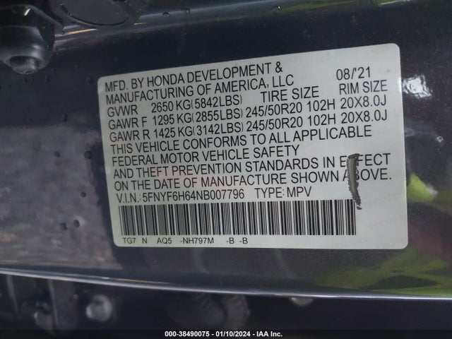 Honda Pilot Awd Touring 7 Passenger 2022 5FNYF6H64NB007796 Image 9