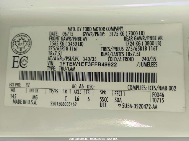 2015 FORD F-150 XLT VIN: 1FTEW1EF3FFB49922