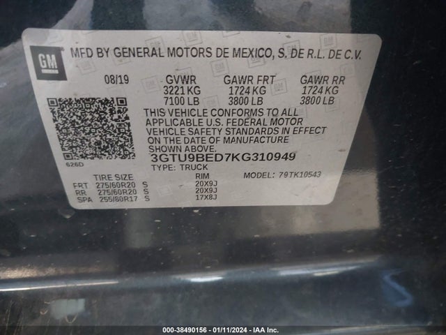 Aukcja sprzedaży 2019 Gmc Sierra 1500 Sle, vin: 3GTU9BED7KG310949, numer aukcji: 38490156