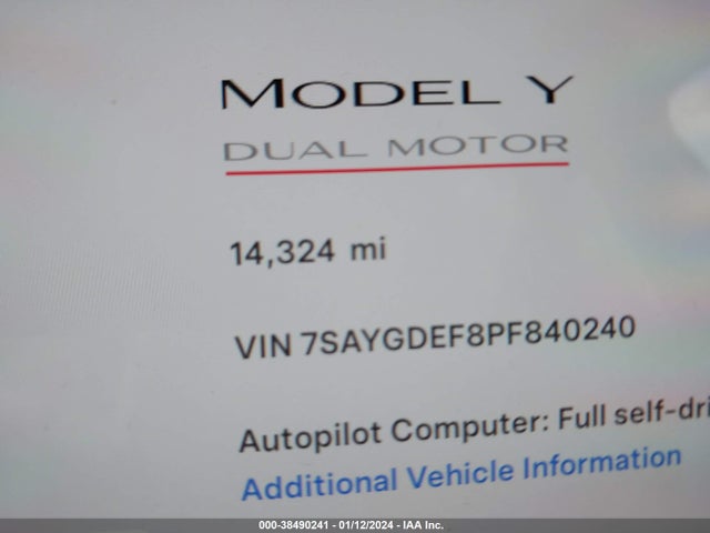 2023 TESLA MODEL Y AWD/PERFORMANCE DUAL MOTOR ALL-WHEEL DRIVE VIN: 7SAYGDEF8PF840240