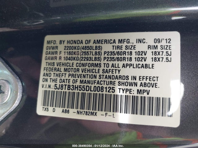 2013 ACURA RDX VIN: 5J8TB3H55DL008125