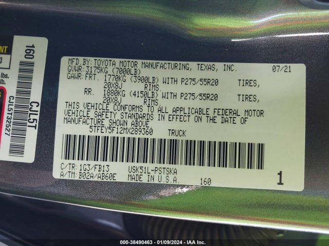 Toyota Tundra Sr5 2021 5TFEY5F12MX289360 Image 9
