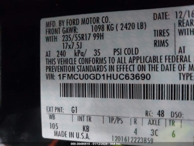 2017 FORD ESCAPE SE VIN: 1FMCU0GD1HUC63690