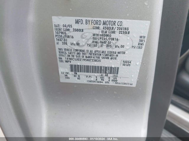 2005 FORD ESCAPE XLT VIN: 1FMCU03195KE23835