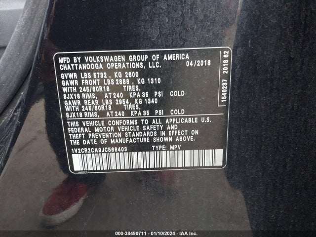 1V2CR2CA9JC566403 Volkswagen Atlas 3.6l V6 Se