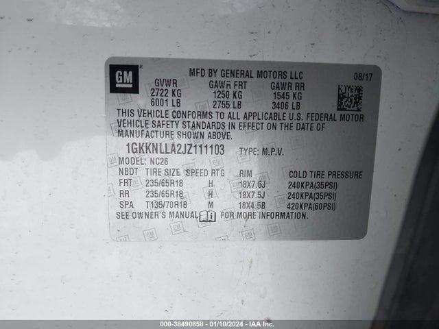 GMC Acadia Sle-2 2018 1GKKNLLA2JZ111103 Image 9