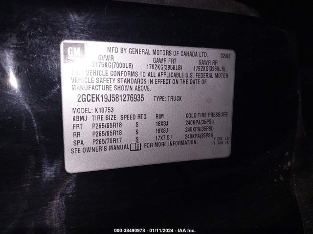 2008 CHEVROLET SILVERADO 1500 LT1 VIN: 2GCEK19J581276935