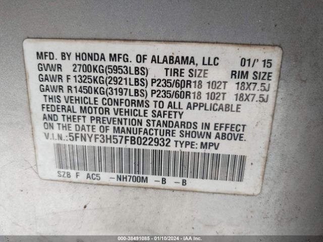 5FNYF3H57FB022932 Honda Pilot Ex-l