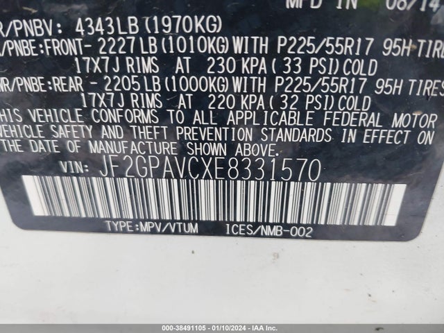2014 SUBARU XV CROSSTREK 2.0I PREMIUM VIN: JF2GPAVCXE8331570