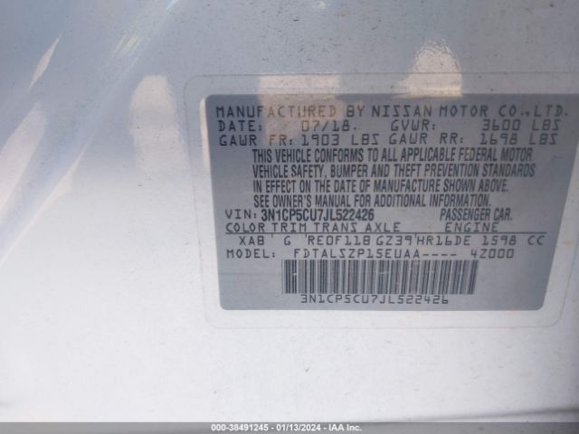 3N1CP5CU7JL522426 Nissan KICKS SV
