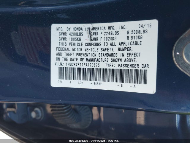 Honda ACCORD LX 2015 1HGCR2F31FA173675 Image 9