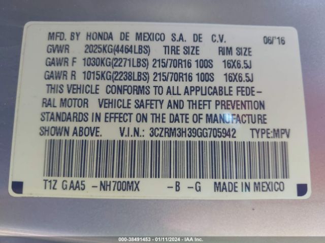 3CZRM3H39GG705942 Honda CR-V LX