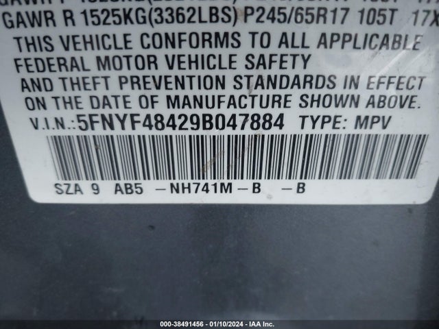 2009 HONDA PILOT EX VIN: 5FNYF48429B047884