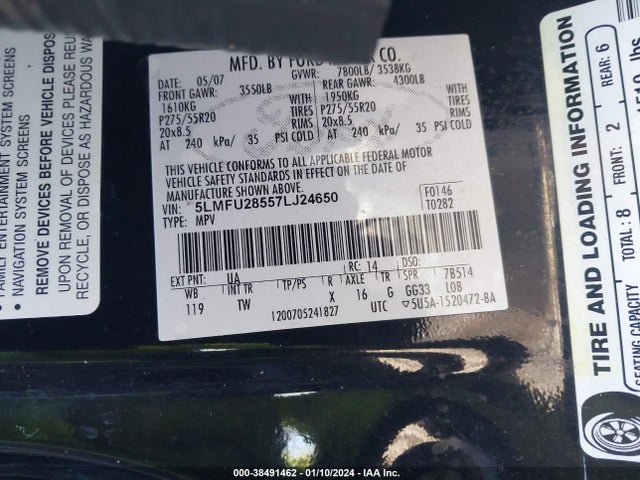 2007 LINCOLN NAVIGATOR ULTIMATE VIN: 5LMFU28557LJ24650
