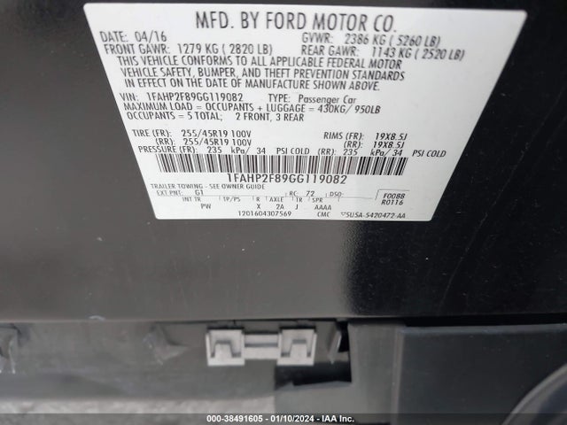 Ford Taurus Limited 2016 1FAHP2F89GG119082 Image 9