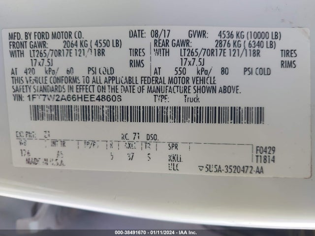 Aukcja sprzedaży 2017 Ford F-250 Xl, vin: 1FT7W2A66HEE48608, numer aukcji: 38491670