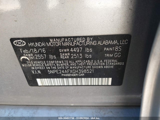 2016 HYUNDAI SONATA SE VIN: 5NPE24AFXGH398521