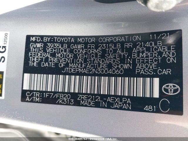 Toyota COROLLA LE 2022 JTDEPMAE2N3004060 Image 9
