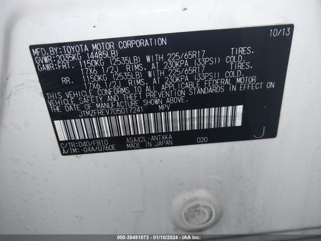 2013 TOYOTA RAV4 LE VIN: JTMZFREV7D5017241