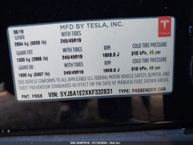 5YJSA1E2XKF332831 Tesla Model S 100d/75d/long Range/standard Range