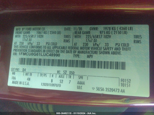 Ford ESCAPE SE 2020 1FMCU0G61LUC48990 Image 9