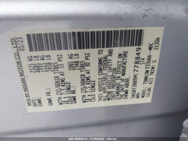 5N1BT3BB9PC778849 Nissan Rogue Sv Intelligent Awd