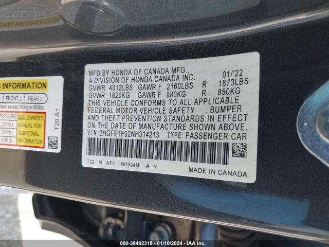 2022 HONDA CIVIC TOURING VIN: 2HGFE1F92NH314213