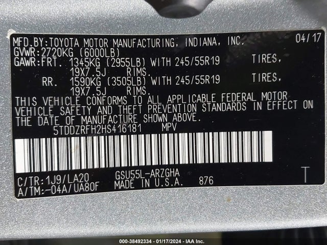 2017 TOYOTA HIGHLANDER LIMITED VIN: 5TDDZRFH2HS416181