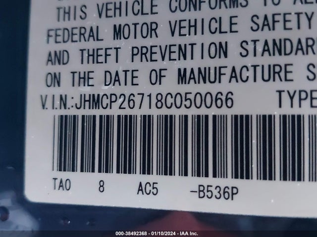 2008 HONDA ACCORD 2.4 EX VIN: JHMCP26718C050066
