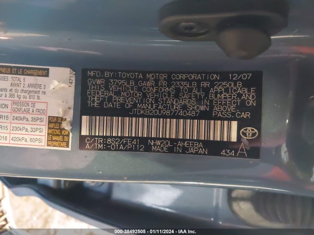 2008 TOYOTA PRIUS VIN: JTDKB20U987740487