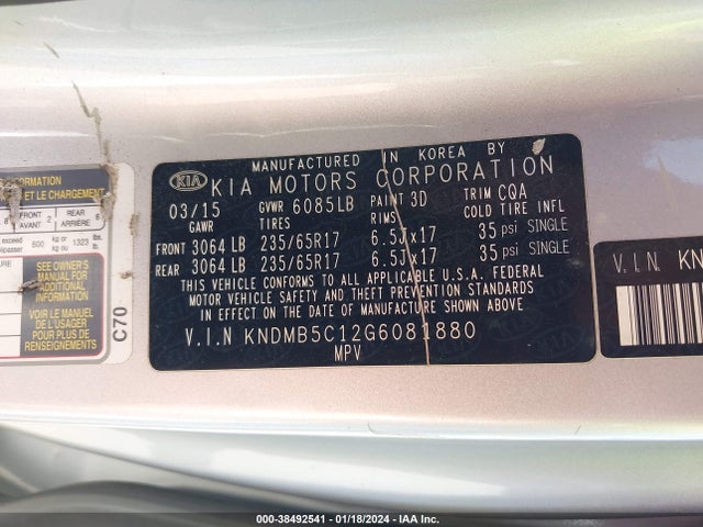 2016 KIA SEDONA LX VIN: KNDMB5C12G6081880