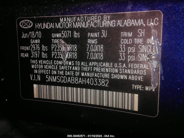 2010 HYUNDAI SANTA FE GLS VIN: 5NMSGDAB8AH403382
