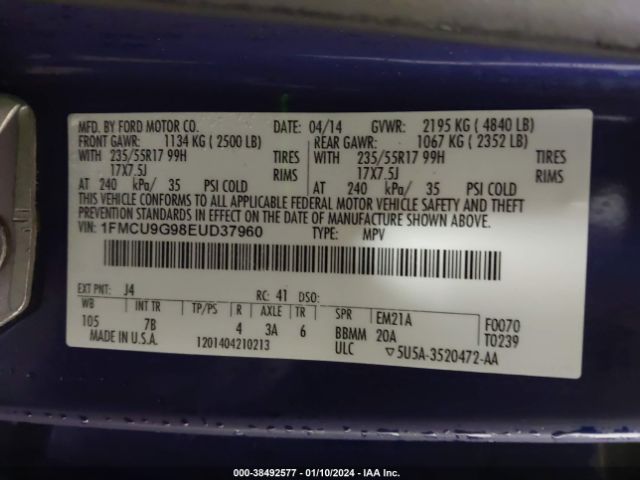 1FMCU9G98EUD37960 Ford ESCAPE SE